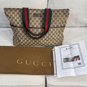 Gucci Beige GG Canvas Tote or diaper bag with Red & Green Web Handles